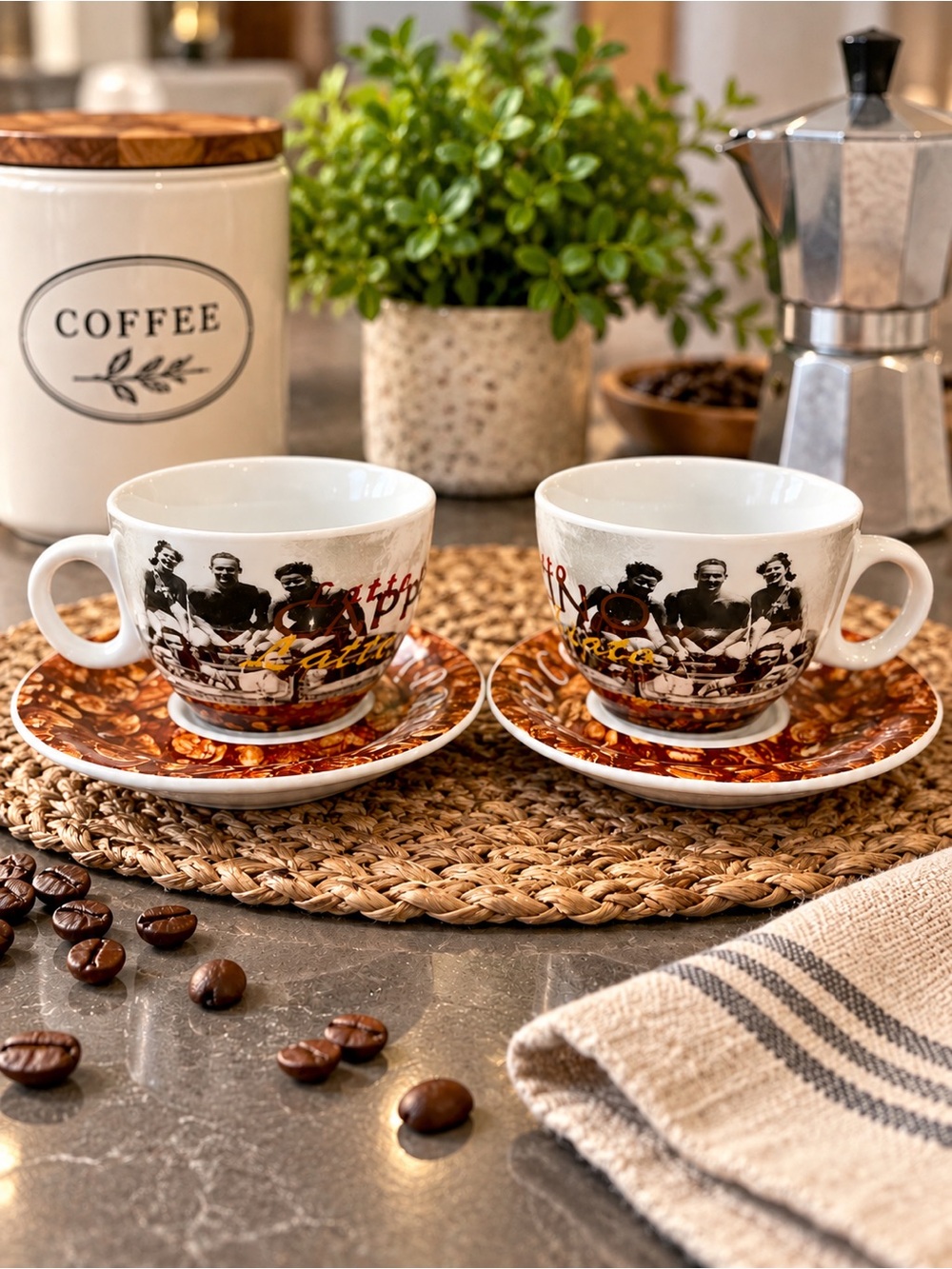Tannex Italian Retro Porcelain Cappuccino Cups & Saucers | Set of 2.